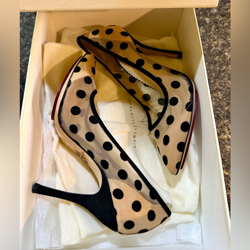 NIB! Charlotte Olympia Suede Bacall Velvet Polka Dot Heels with Mesh Sides